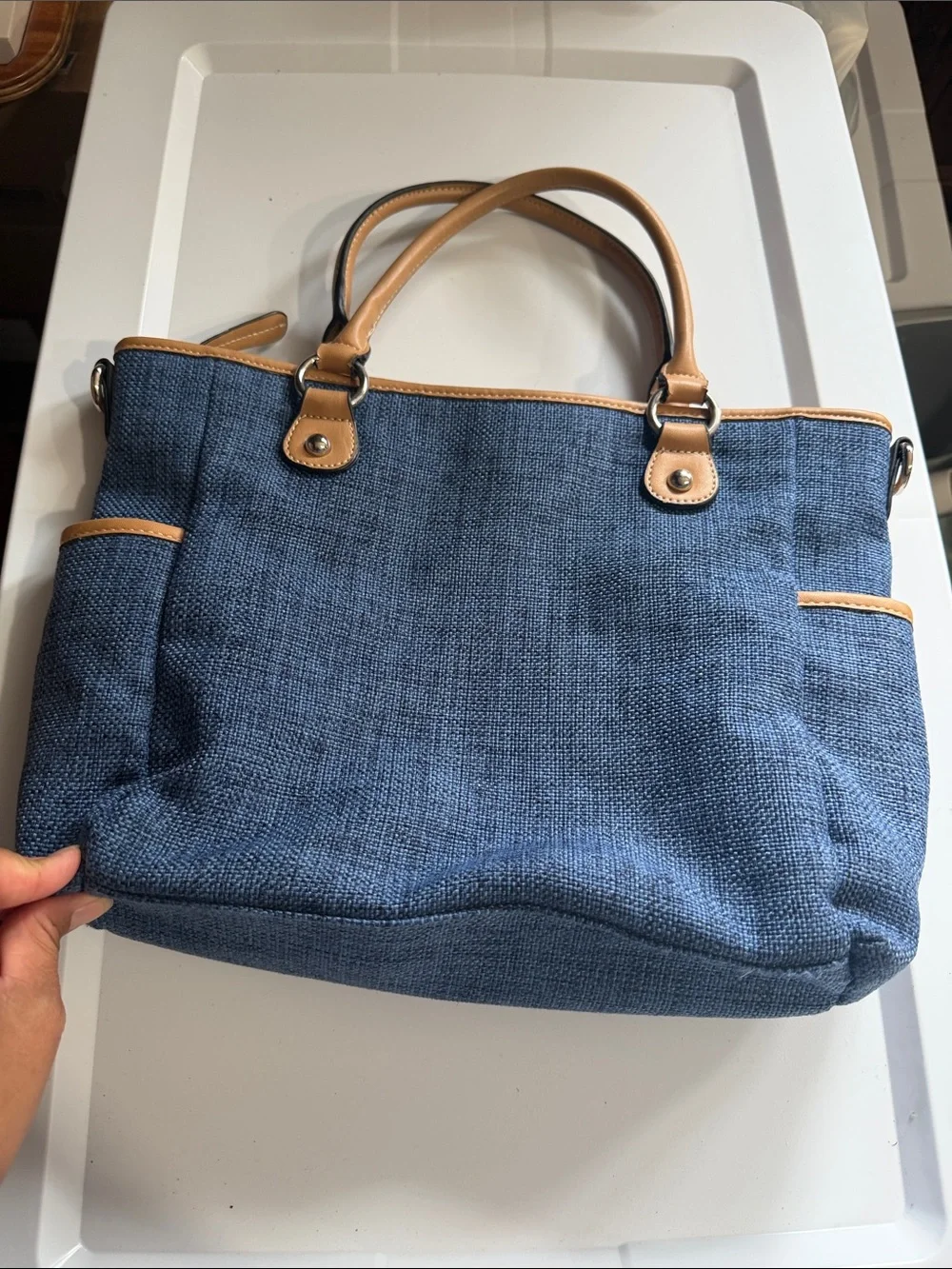 Blue Canvas Tote with Tan Braided Handles - Casual Women's Bag